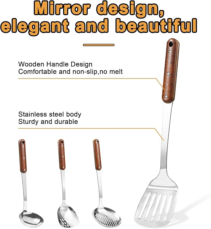 FJNATINH Stainless Steel Wok Spatula, Slotted Spatulas, Skimmer Ladle Tool Set - Image 2