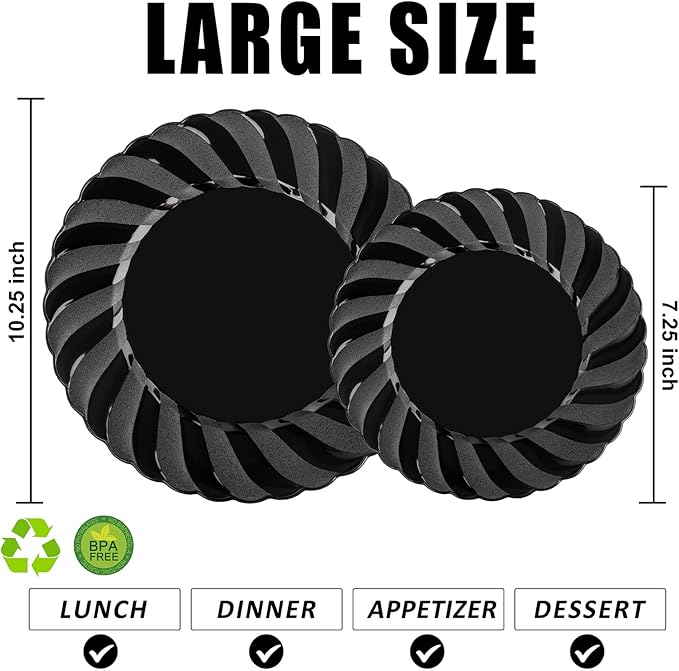 U-QE 60 Pcs Black Plastic Plates for Party – Scalloped Plastic Plates Heavy D...