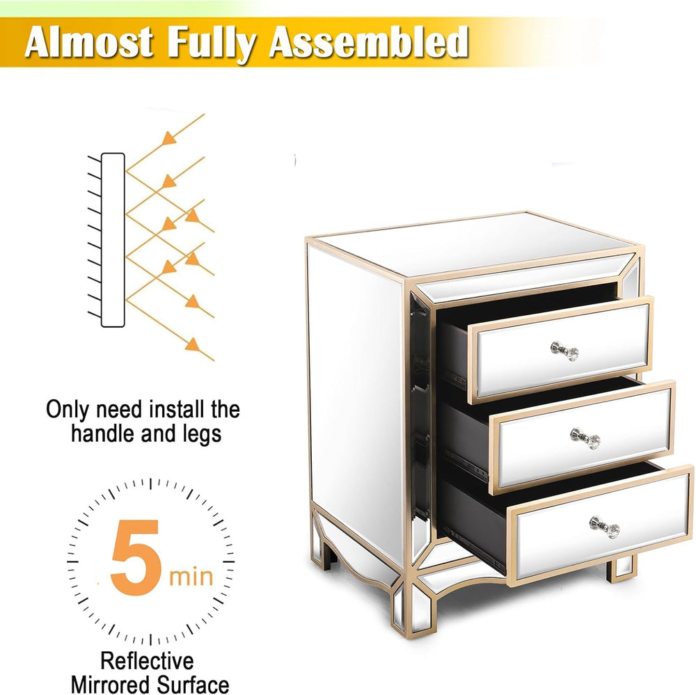Elegant Mirrored Nightstand Gold Edge Silver End Table with 3 Drawers, Mirror...