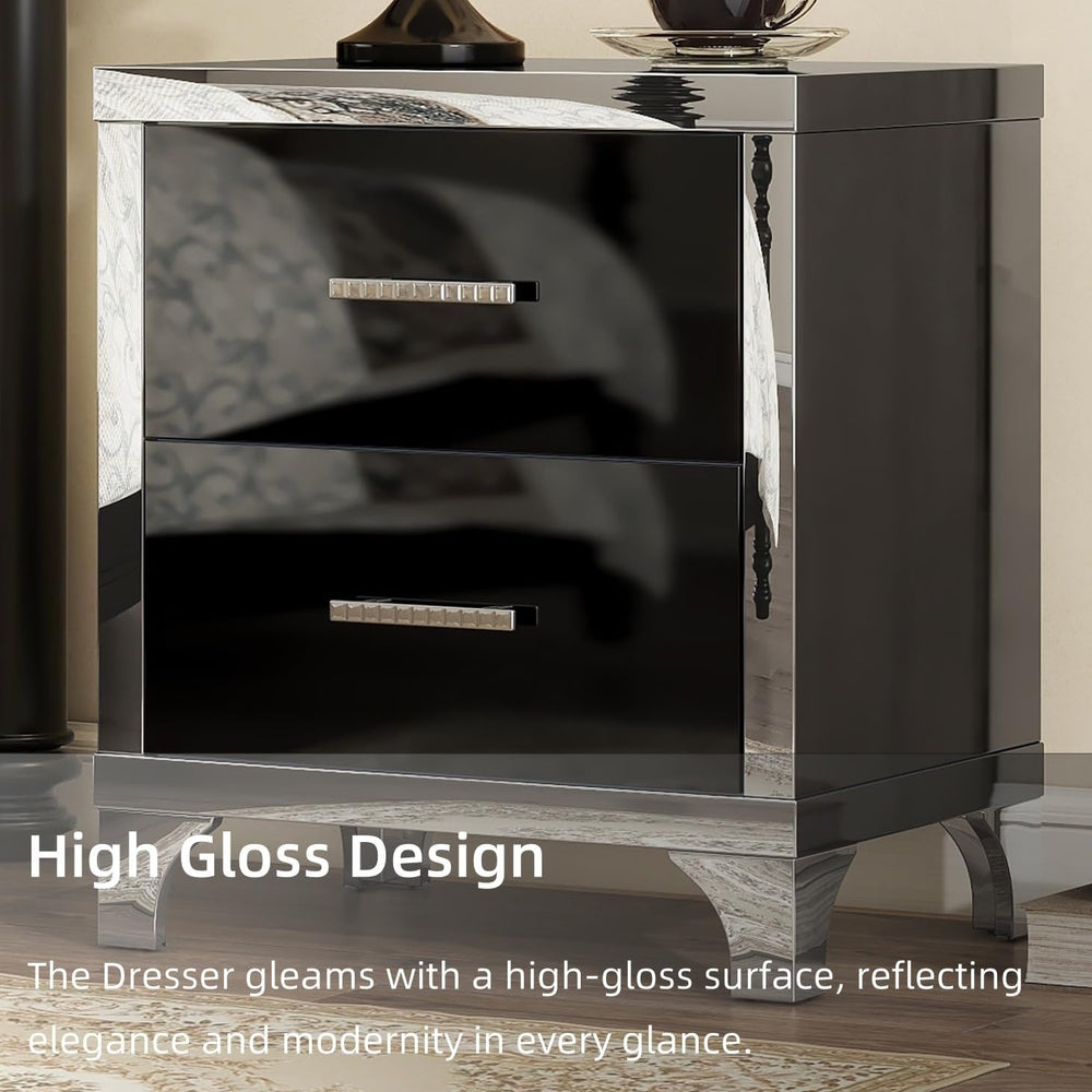 Merax Night Stand with 2 Drawers, Mirrored High Gloss Wood Nightstand Metal H...