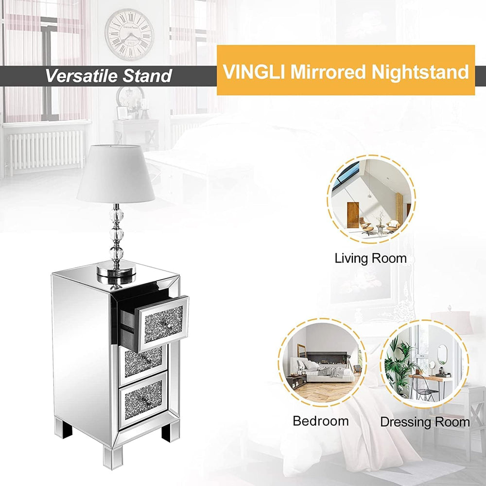 VINGLI 3-Drawer Mirrored Nightstand Bedside Table Modern Night Stands Set of ...