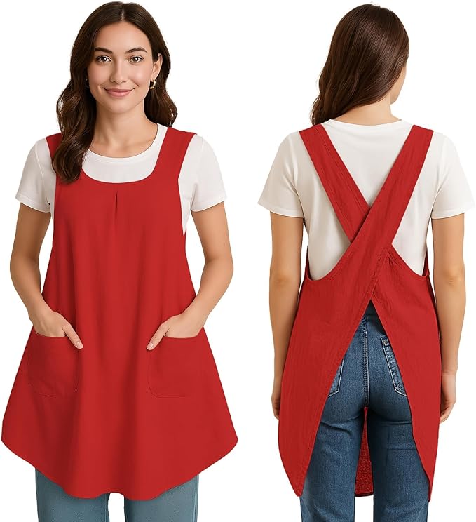 Apron for Women with Pocket Cotton Linen, Japanese Cross Back Apron for by ROLOSI