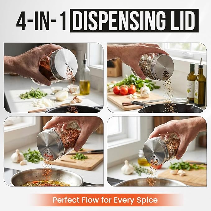 Mason Jar Spice Shaker Lids Stainless Steel – 4 Pack Adjustable Spice Lids - Image 3