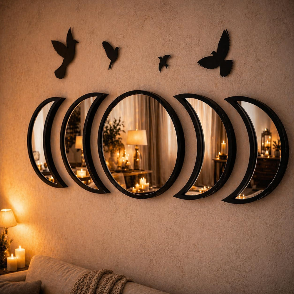 NESHE Moon Phase Mirror Wall Decor Set with Birds | Gothic Witchy Boho Wall M...