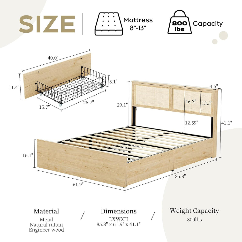 Natural Rattan Headboard Queen Bedframe with 4 Storage Drawers and Footboard,...