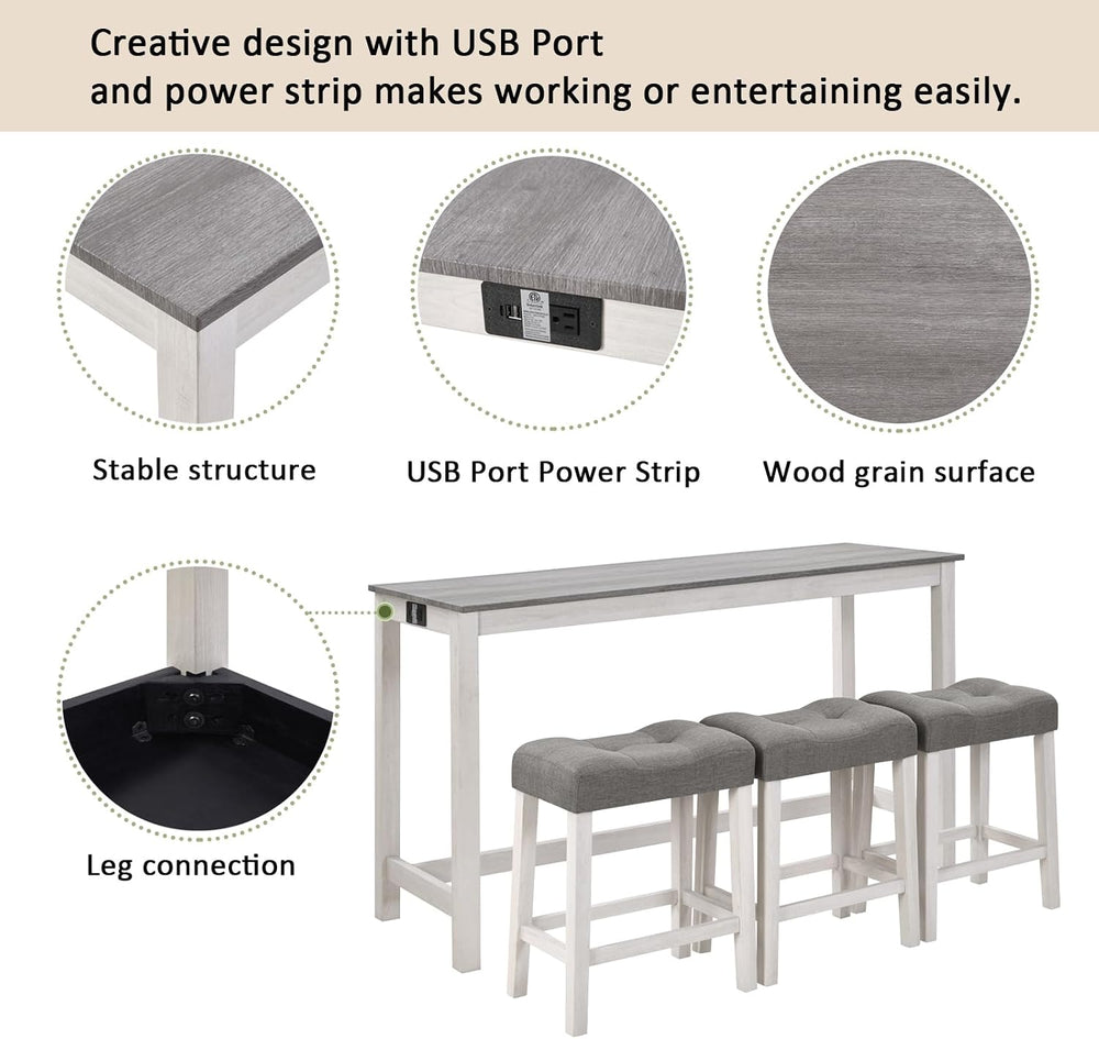 LKTART Bar Table and Chairs Set, 4 Piece Counter Height Bar Table Set with Po...