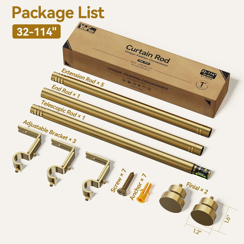 YaFex Warm Gold Curtain Rods 32-114 Inch, 1 Inch Diameter Heavy Duty