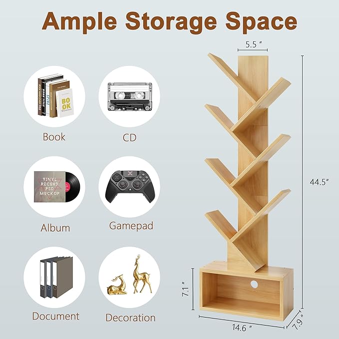 Hoctieon 6 Tier Tree Bookshelf, Tall Bookcase with Drawer, Freestanding Book ...