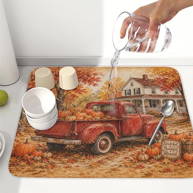Fall Pumpkin Dish Drying Mat for Kitchen Counter Thanksgiving Autumn Harvest - Image 6