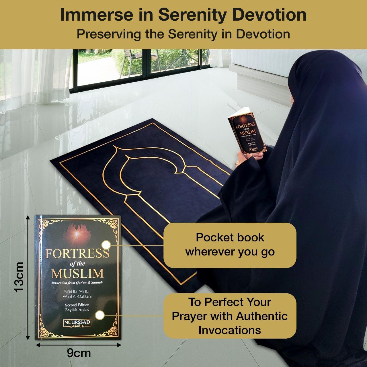 Luxury Velvet Muslim Prayer Mat – Portable Foldable Sajadah with Travel Bag, Dua Booklet & Elegant Gift Box - Premium Islamic Janamaz for Home, Mosque & Travel – Black