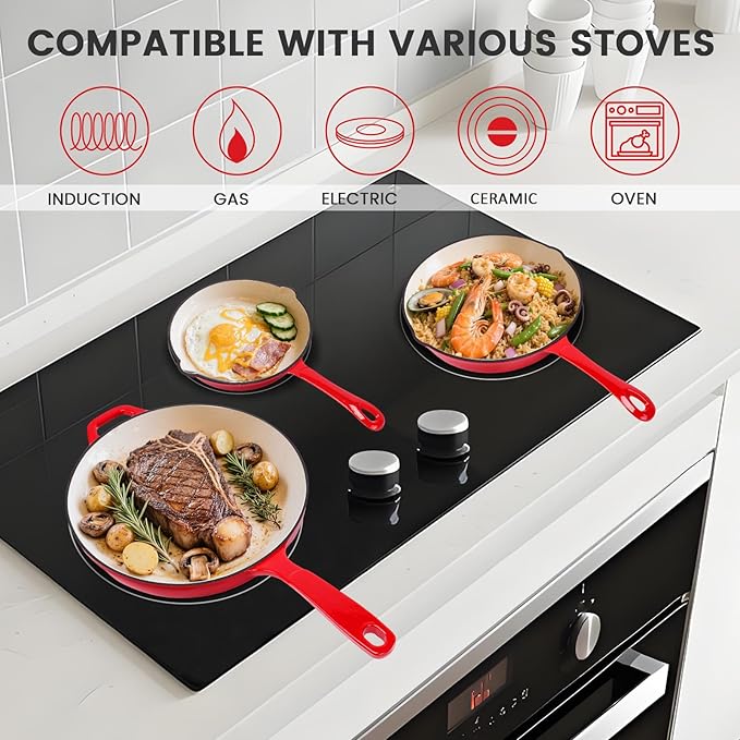 Hisencn Enameled Cast Iron Frying Pan Set, 3 Piece Set of 8''/9.5''/11'' - Image 4