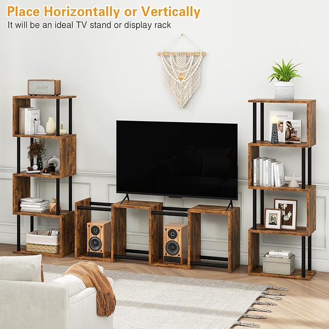 IBUYKE 5-Tier Tall Bookshelf,S-Shaped Geometric Bookcase, Wood Display Shelve...