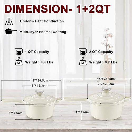 2 Pcs Enameled Sauce Pan with Lid, Leonyo 1 Qt & 2 Qt Cast Iron Saucepan Set - Image 2