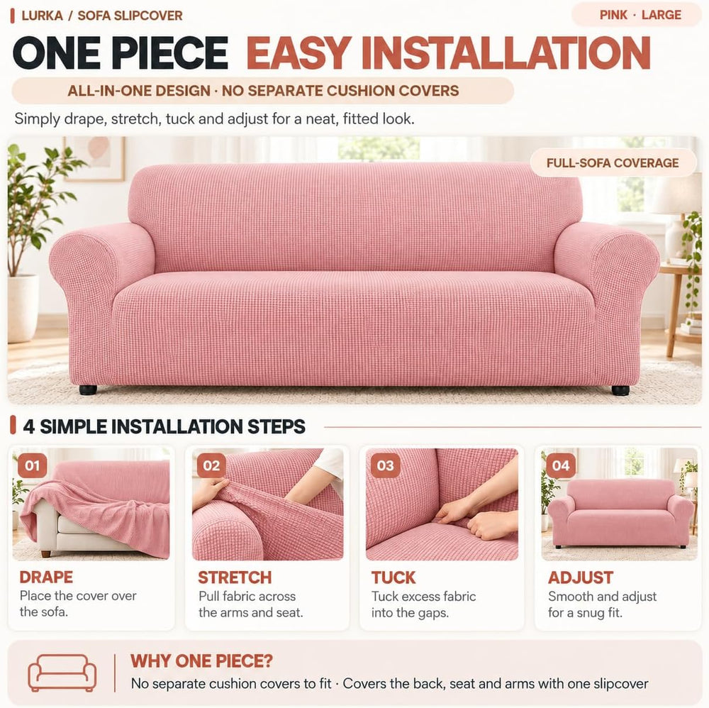 LURKA Stretch Couch Cover for Sofa, 1 Piece 3 Cushion Slipcover, Pink