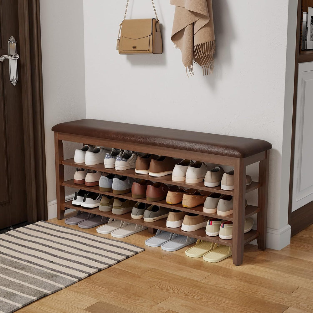 Shoe Bench with Leather Cushion, 3 Tiers Shoe Storage Bench Height Adjustable...