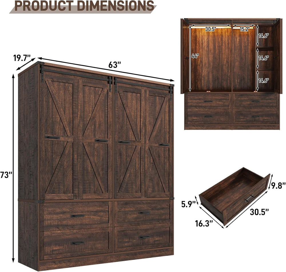 Farmhouse 4 Doors Armoire Wardrobe Closet w/Folding Sliding Barn Door and Lig...