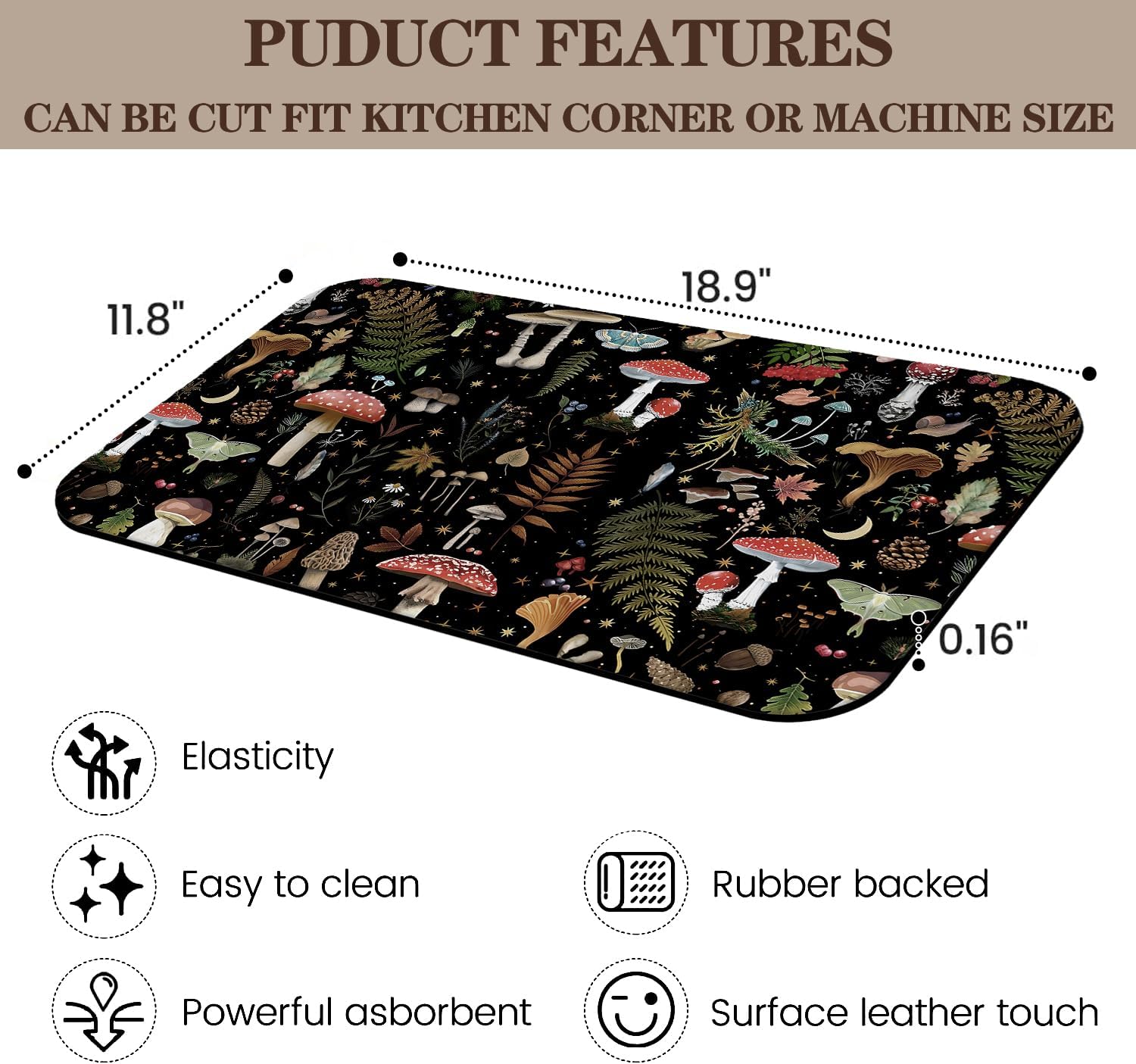Mushroom Fern Leaves Berry Coffee Mat Dish Drying Mats, 20x12in | Vintage Botanical Nature Cafe Bar Mat Decor for Kitchen Counter, Draining Pad for Countertop, Gift Fit Under Coffee Maker