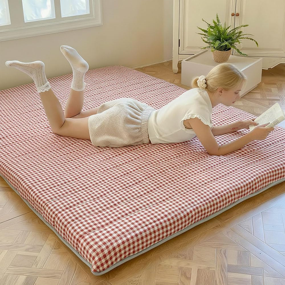 Red Gingham Japanese Floor Mattress, Full Size 60" x 80", 3.5"...