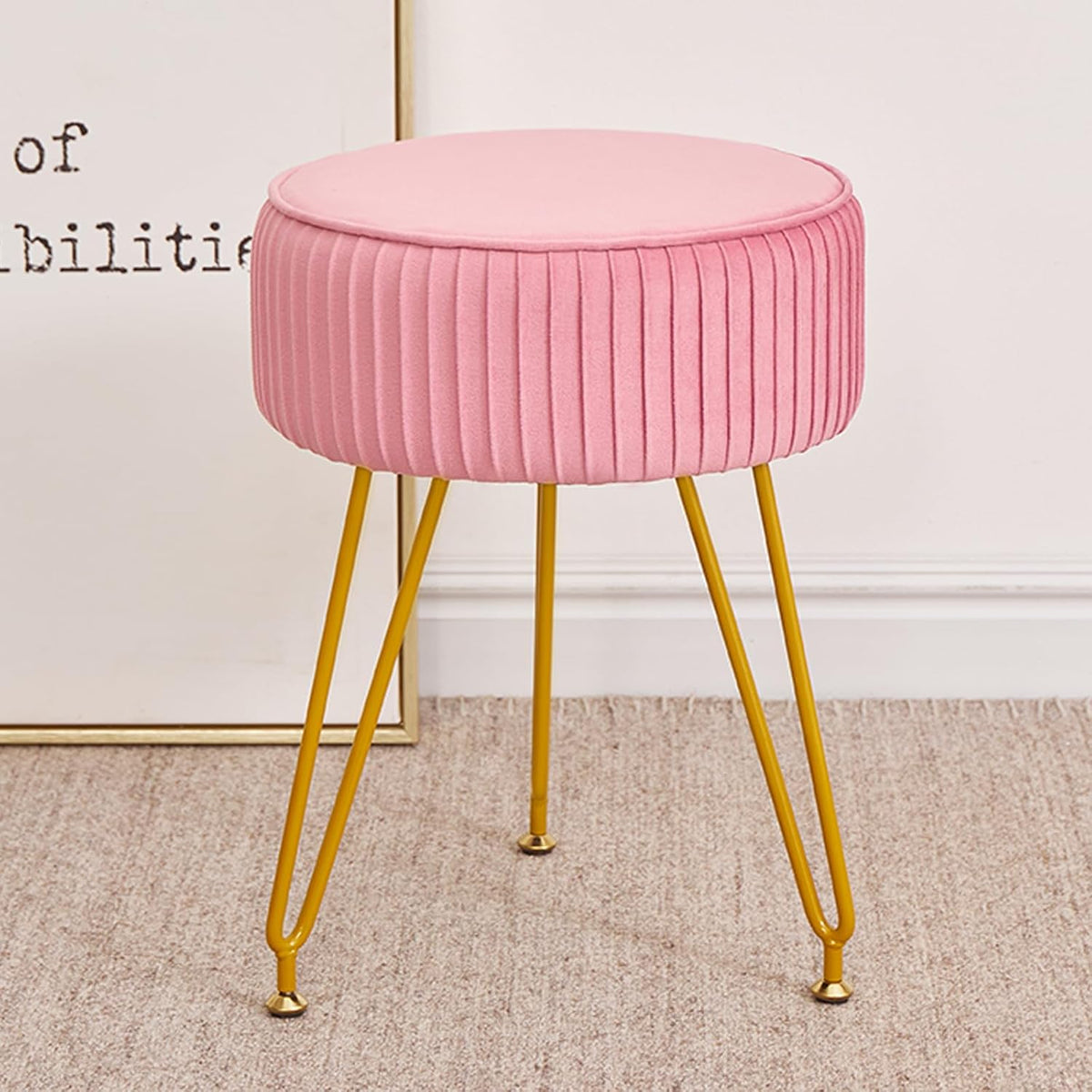 velvet vanity stool, modern ottoman with golden legs shown in use