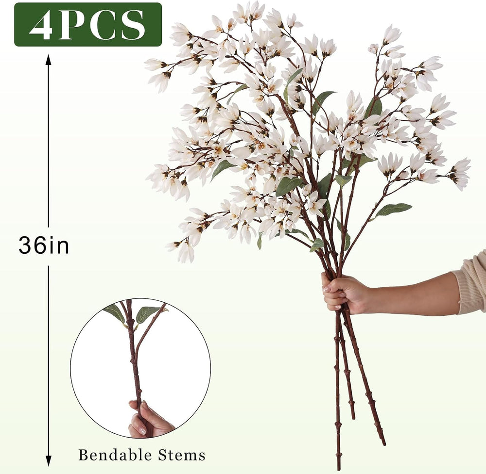 YXZZWL 4Pcs 36" Fake Magnolia Champaca Silk Flower Stems for Vase (White)