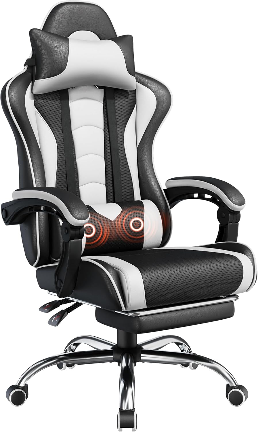 Yaheetech Gaming Chair with Footrest Massage Lumbar Pillow Black and White