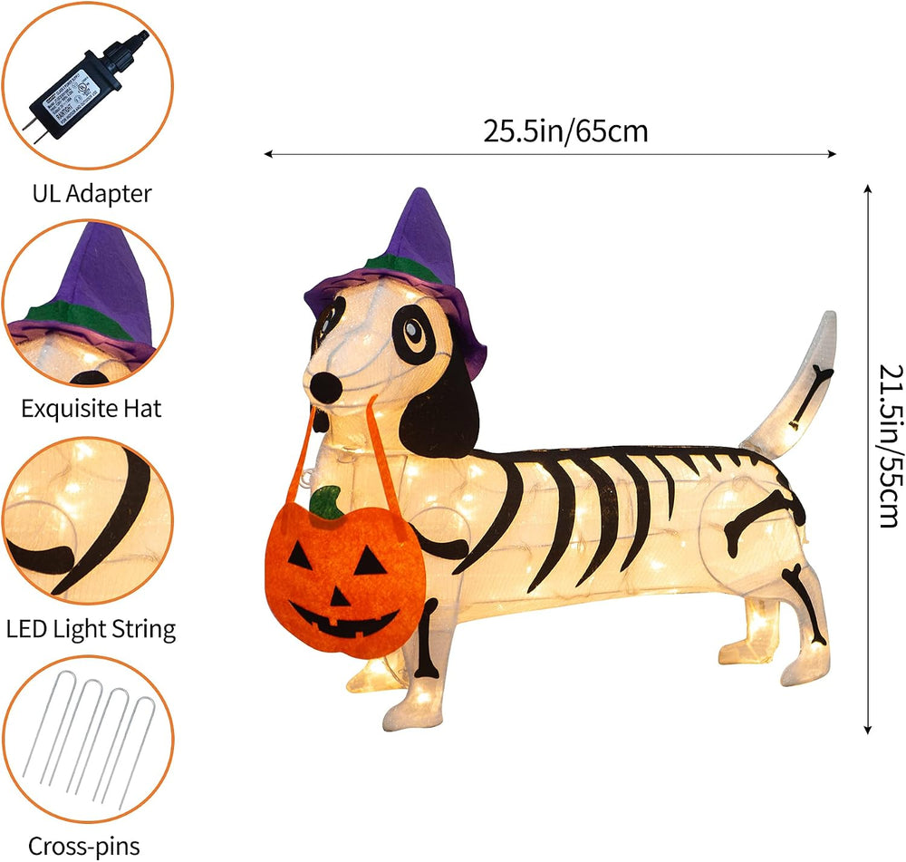 Skeleton Dachshund Decor, 25" Witch Hat Lights, Halloween Yard