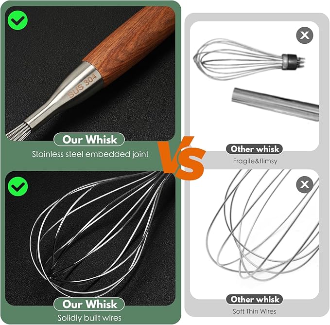 Stainless Steel Whisk for Cooking Wooden Handle Kitchen Non Stick Balloon Wire - Image 3