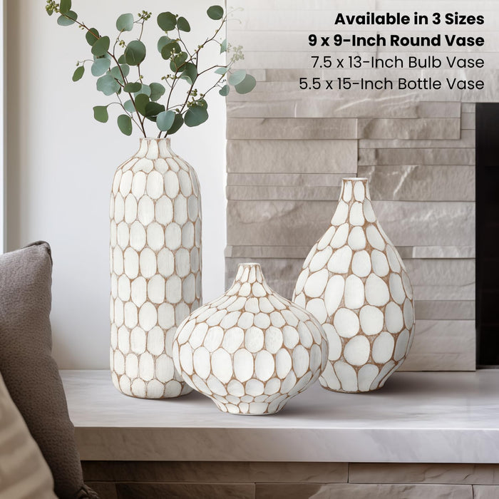 Torre & Tagus 9" Modern Rustic Textured Vase for Home Decor - Distressed Whitewash Farmhouse Terracotta Style Large Rustic Vase for Home Deco on Entryway Table, Fireplace or Wedding (Carved Divot)