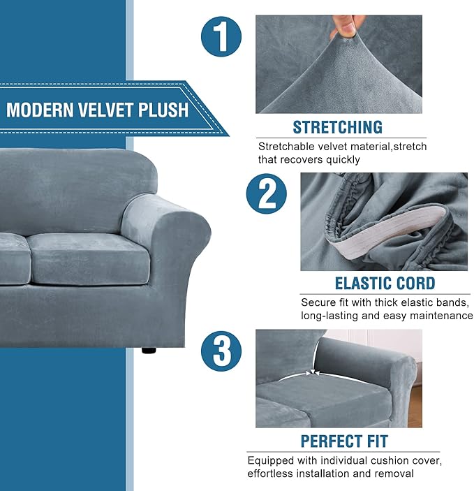 H.VERSAILTEX Modern Velvet Plush 4 Piece High Stretch Sofa Slipcover Sofa Cover - Image 3