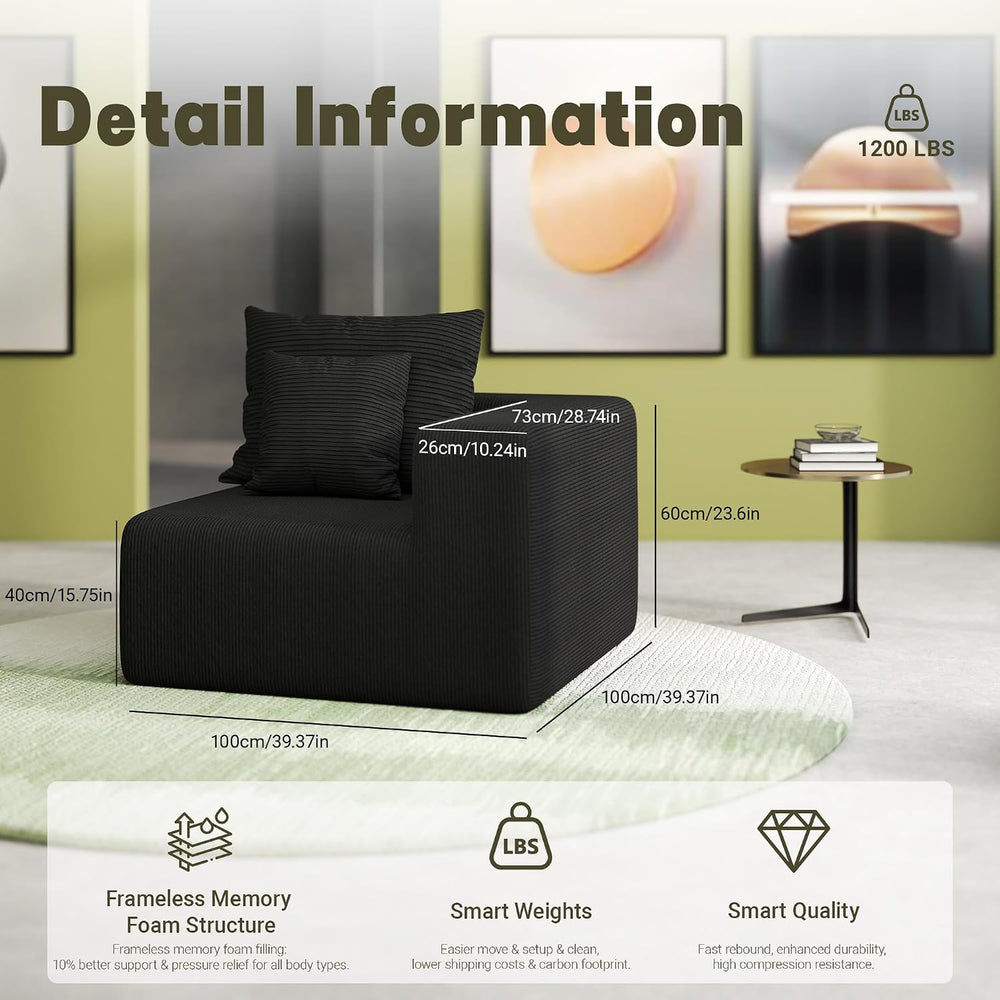 39" Modular Single Boneless Cloud Sofa, Corduroy Corner Chair Left Arm M...
