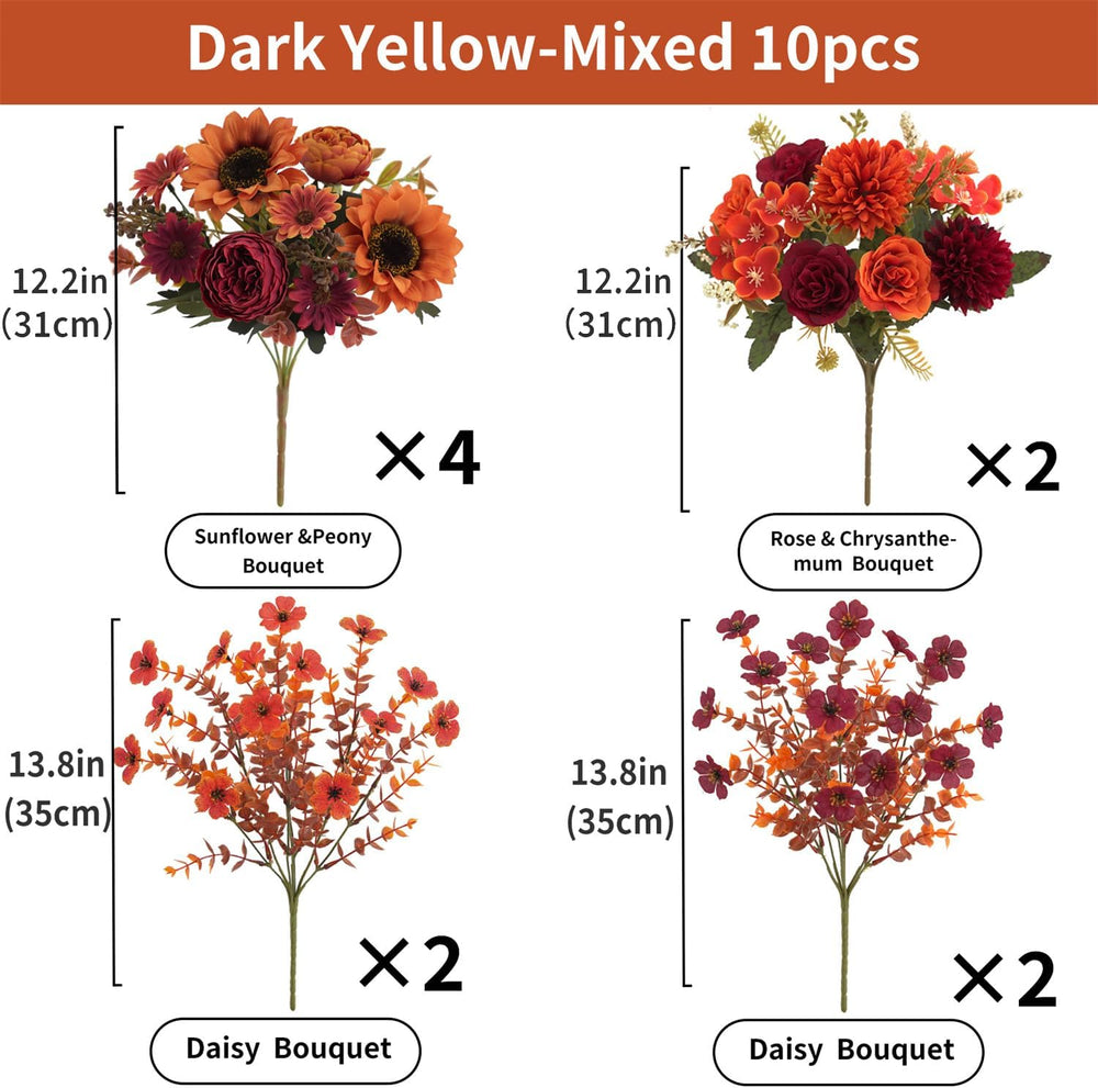 Mixed 10 Pcs Fall Artificial Sunflower Peony Bouquet, Burnt Orange Burgundy S...