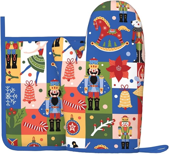 Christmas Nutcrackers Silicone Oven Mitts Pan Mats Set of 2, Heat Resistant by Cayiibe
