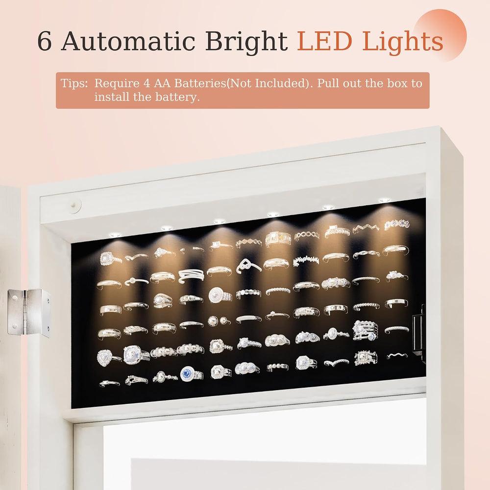 Unisakey Lockable Mirror Jewelry Cabinet LED Lights Wall Mount White | Door o...