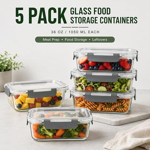 5 Pack 36oz Borosilicate Glass Food Storage Containers Set - Image 2