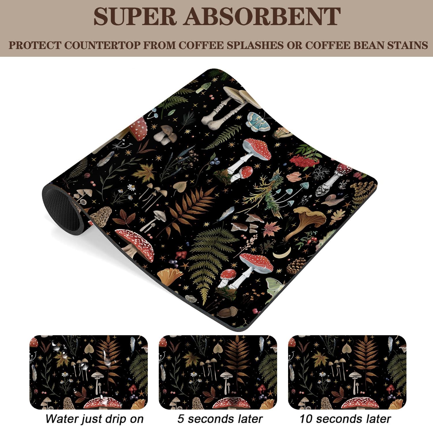 Mushroom Fern Leaves Berry Coffee Mat Dish Drying Mats, 20x12in | Vintage Botanical Nature Cafe Bar Mat Decor for Kitchen Counter, Draining Pad for Countertop, Gift Fit Under Coffee Maker