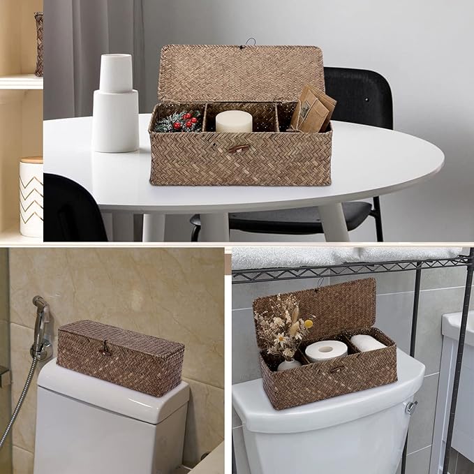 Hipiwe Storage Basket with Lid Toilet Tank Basket Holder Handwoven Wicker - Image 4