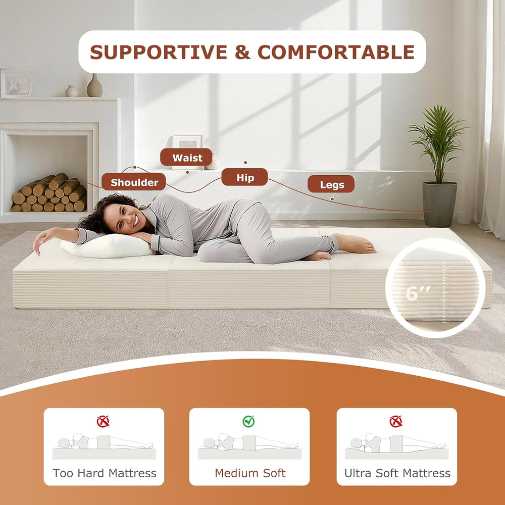 6-Inch Tri-Fold Foldable Mattress, Folding Sofa Bed with Removable Washable C...