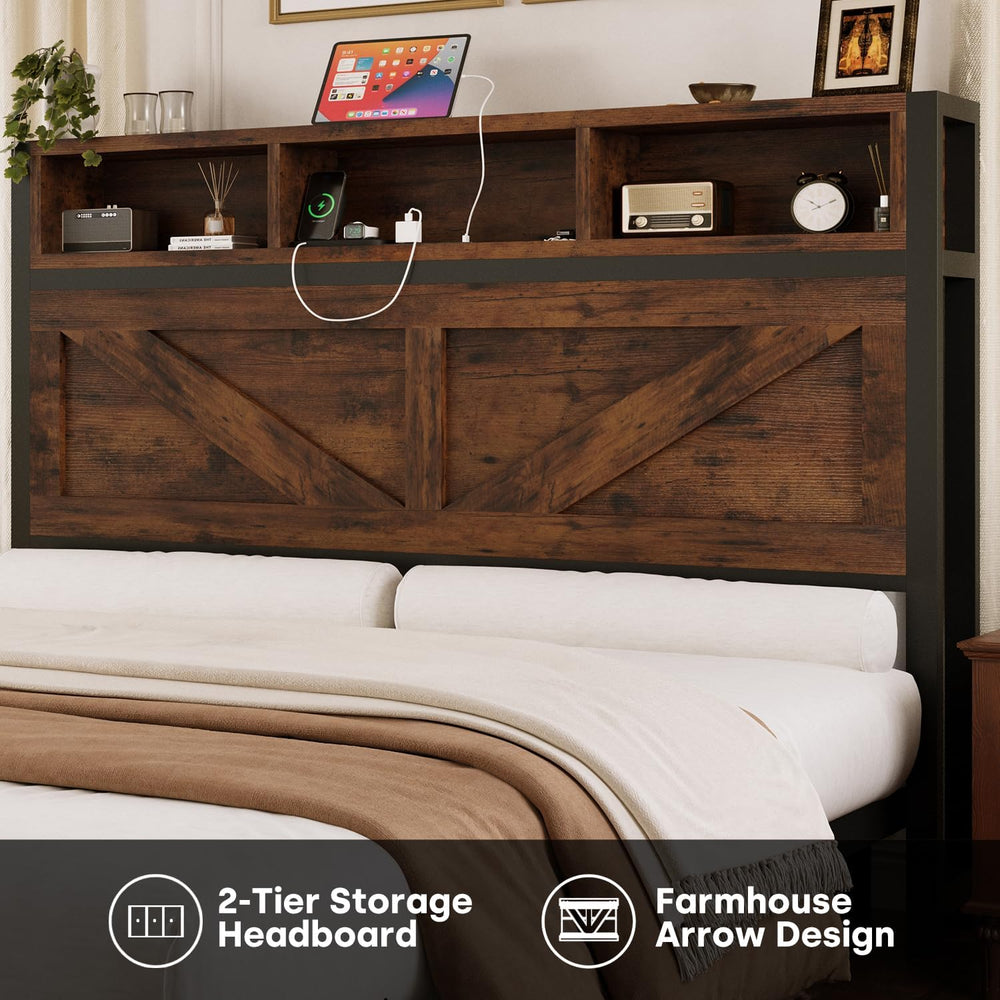 Farmhouse Full Bed Frame with Bookcase Storage Headboard, Charging Station, L...