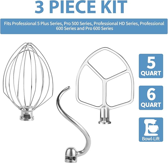 Stainless Steel 3 Piece kit Attachments，Dough Hook 6 Wire Whisk Flat Beater - Image 4