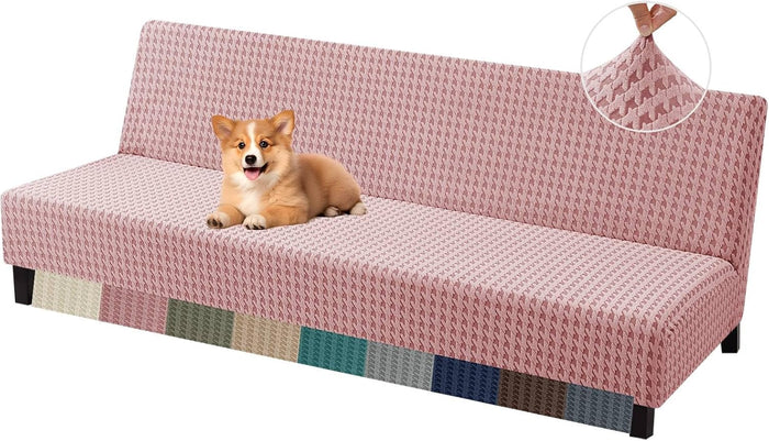 MAXIJIN Stretch Armless Futon Cover (67"-82") Jacquard Futon Couch Covers Full Queen Size Sofa Bed Slipcover Washable Mattress Furniture Protector with Elastic Bottom, Pink