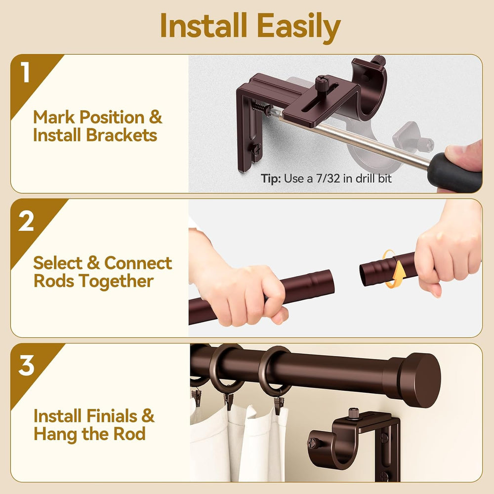 YaFex Curtain Rods 32-144 Inch, Heavy Duty 1 Inch Adjustable Curtain Rod for ...