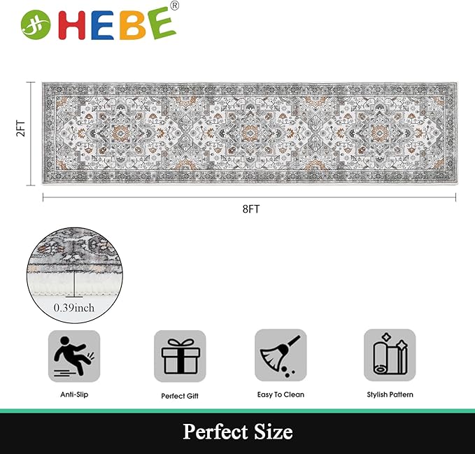 HEBE Hallway Runner Rug 2'x8' Washable Vintage Distressed Area Rugs Non Slip - Image 2
