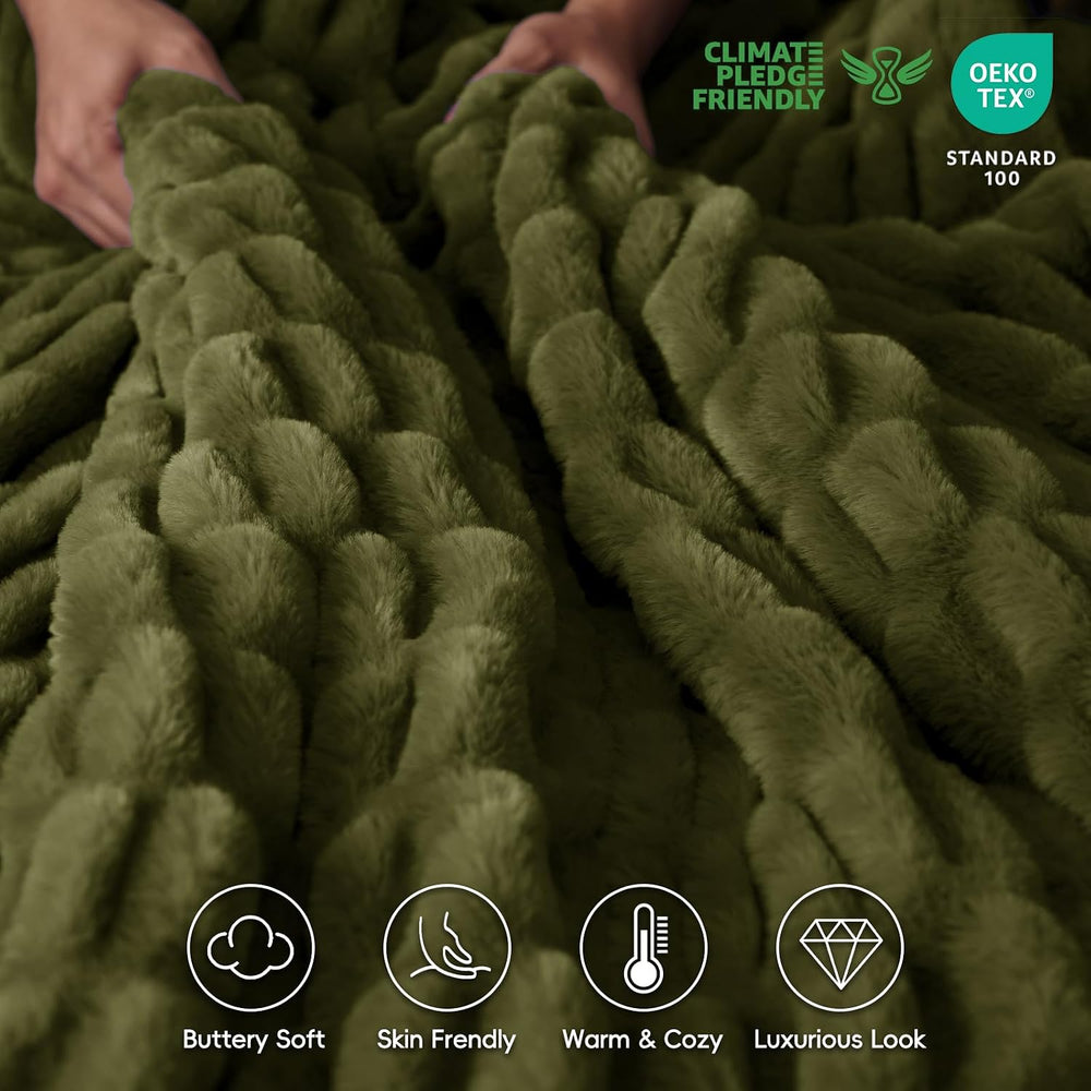 David's Home Double-Sided Faux Rabbit Fur Ruched Throw Blanket, Winter Moss