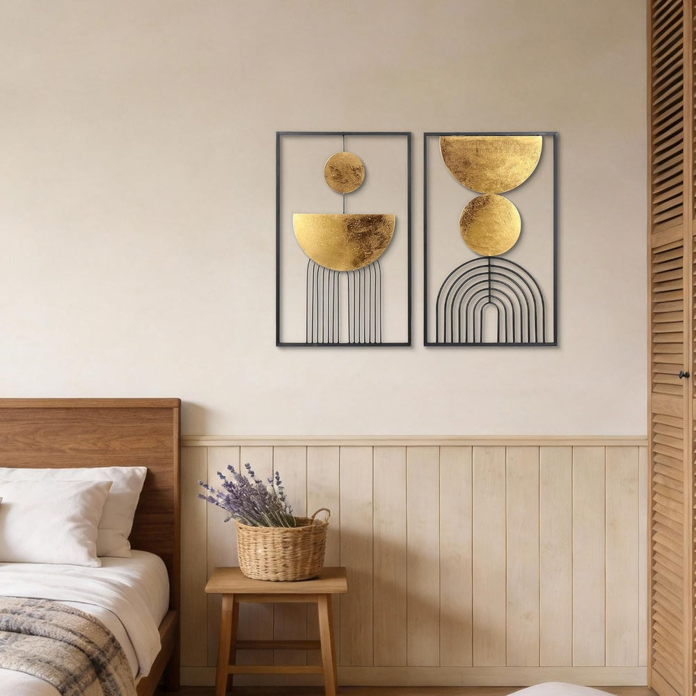 Abstract Geometric Wall Decor Set, Gold and Black Metal Wall Art with Circula...