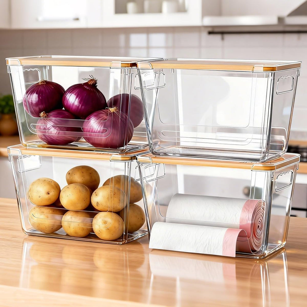 4 Pack Clear Storage Bins with Bamboo Lid, Garbage Bag Dispenser, Pantry