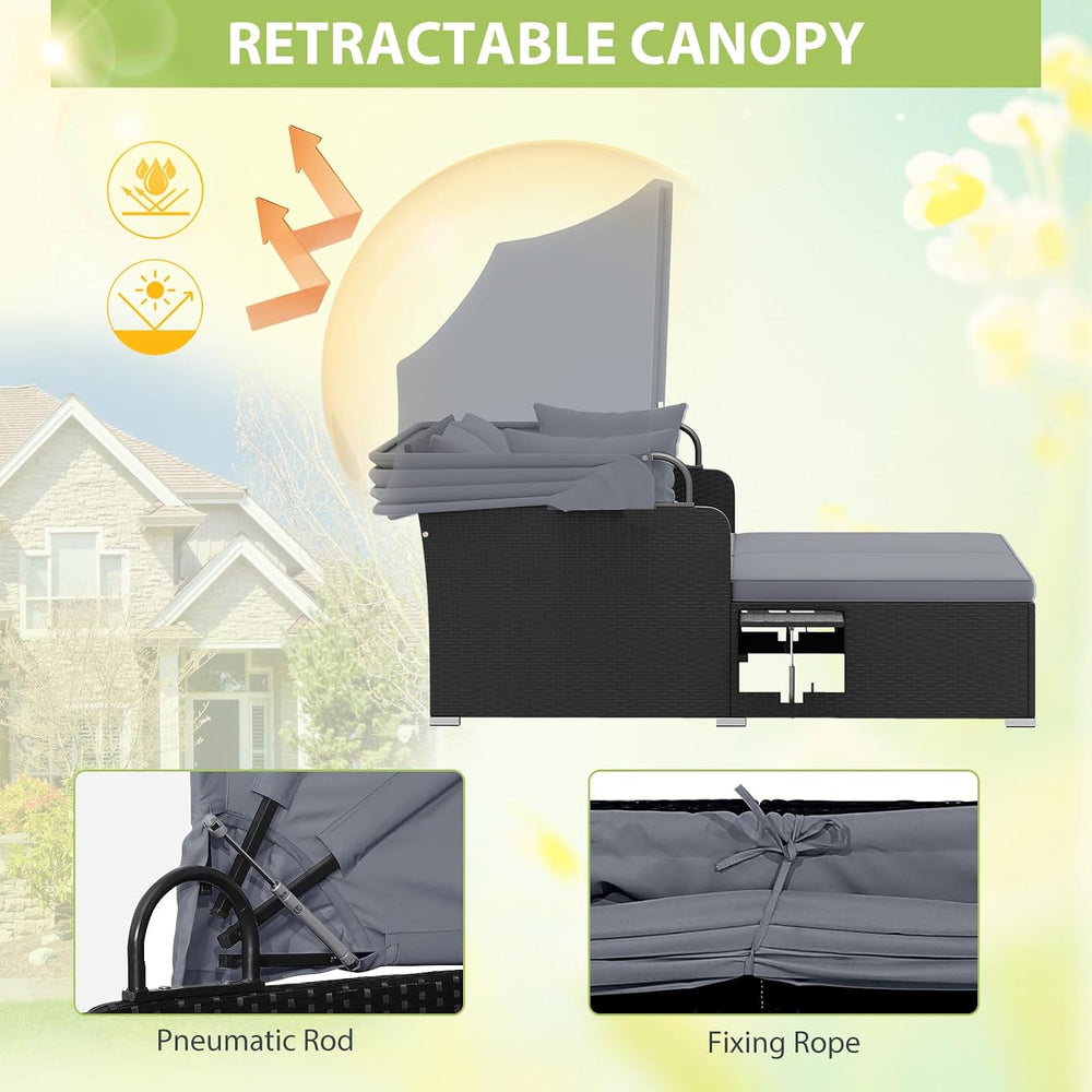 DREAMADE Outdoor Daybed with Canopy, 2 Person Rattan Patio Sunbed, Grey