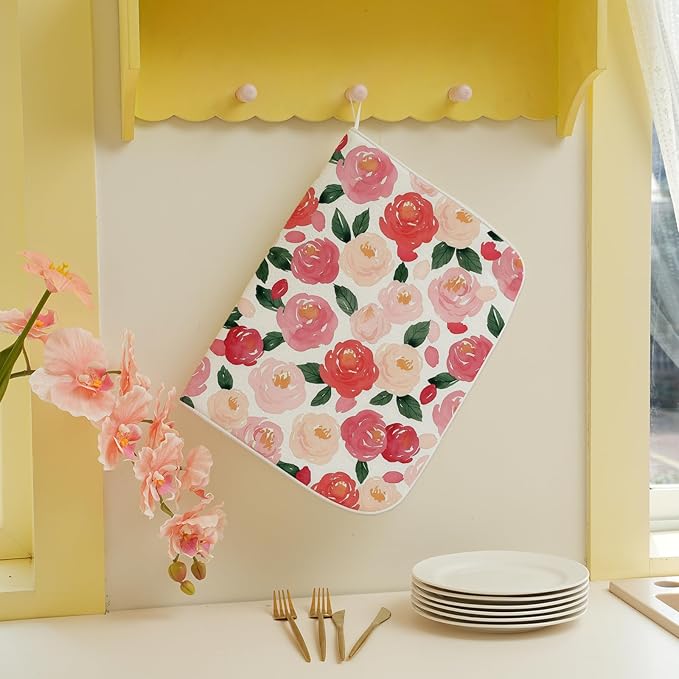 Floral Dish Drying Mat 18x24 Inch Watercolor Red Pink Flower Drying Mat Vintage - Image 5