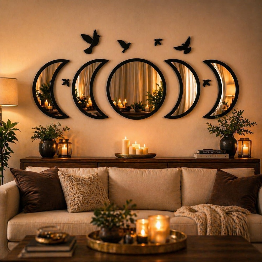 NESHE Moon Phase Mirror Wall Decor Set with Birds | Gothic Witchy Boho Wall M...