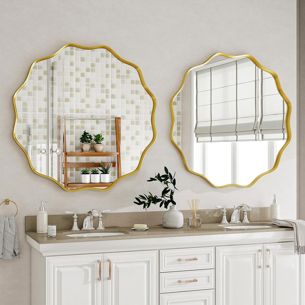 Wavy Round Mirror, 20" Scalloped Metal Frame Gold Circle Mirror