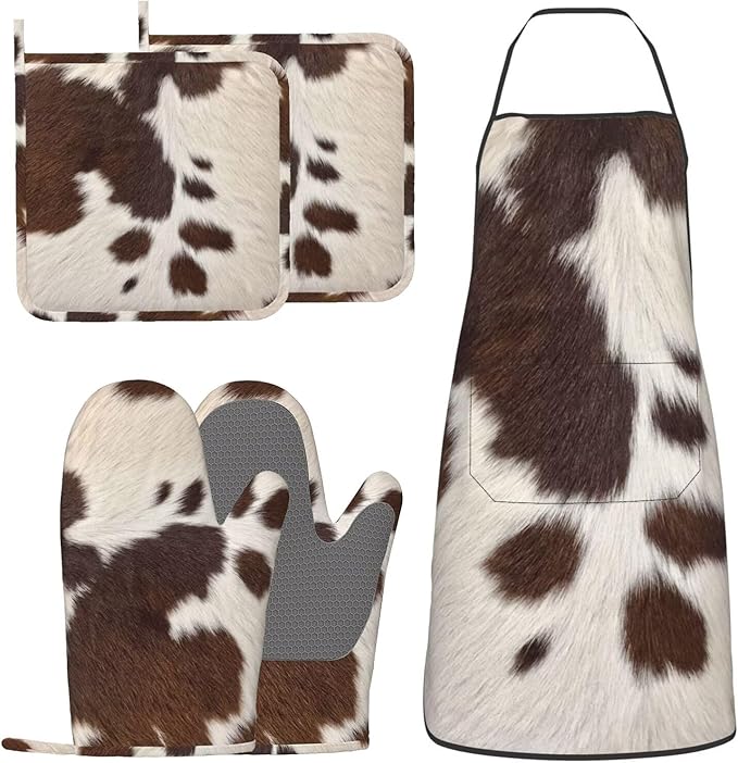Cow Print Oven Mitts Pot Holders Cooking Apron Set of 5 Silicone Brown Cowhide by Unknown